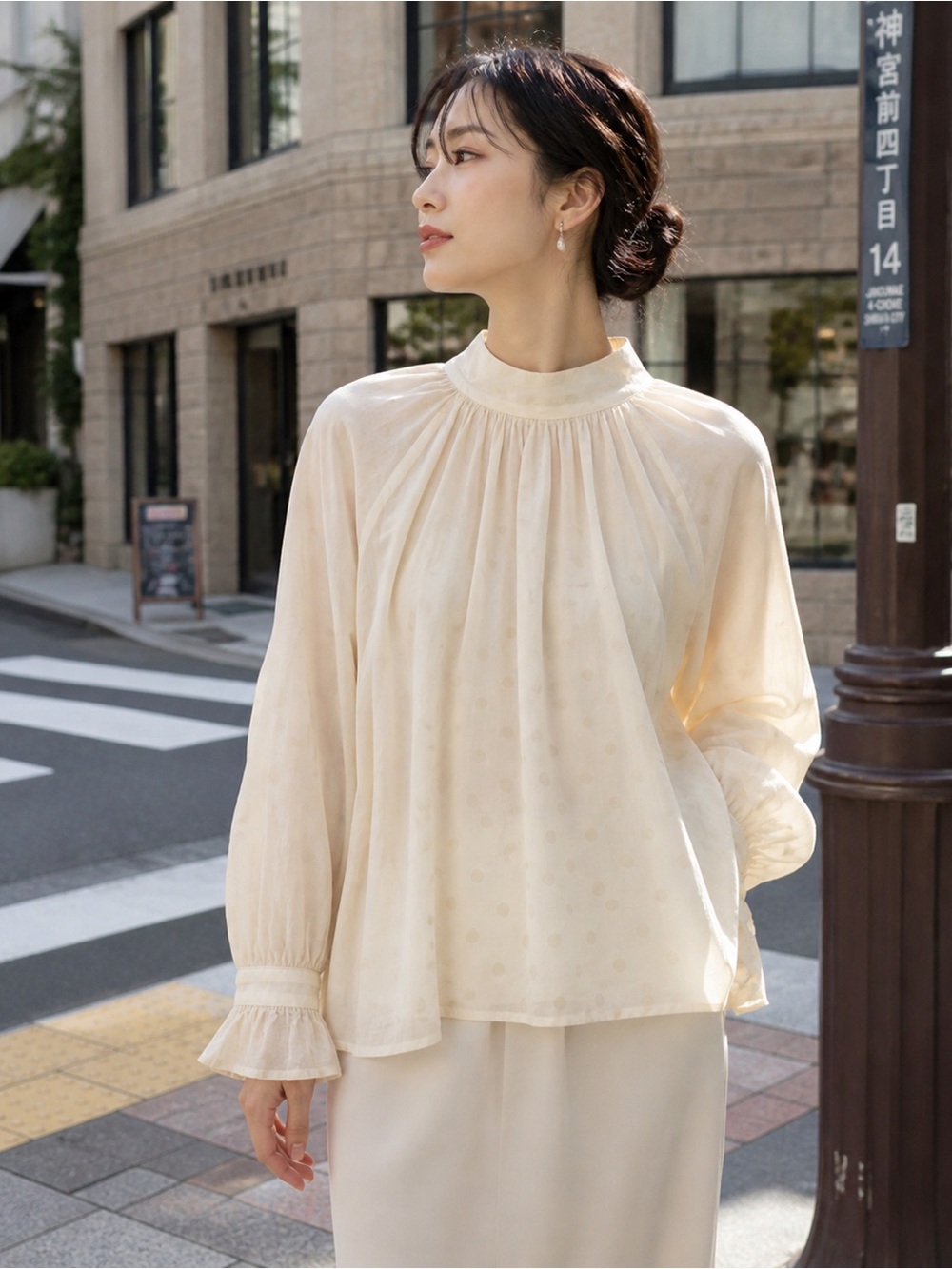 Magali Cotton Polka Dot Blouse High Neck Ruffle Sleeve Cream Japan - Picture 2 of 6